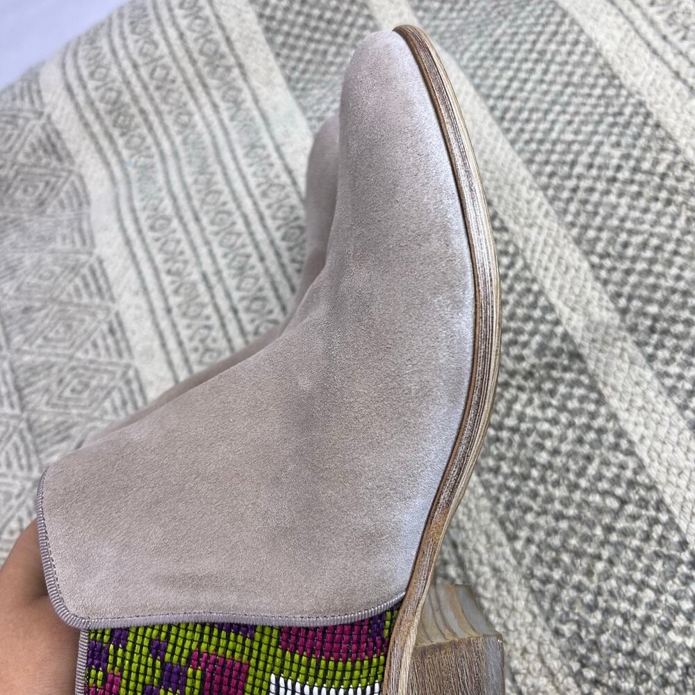 Sam Edelman, Putnam Taupe Suede Booties, Colorful Woven Back, Boho Western Ankle - Picture 9 of 11